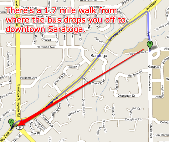 There's a 1.7 mile walk from where the bus drops you off to downtown Saratoga.