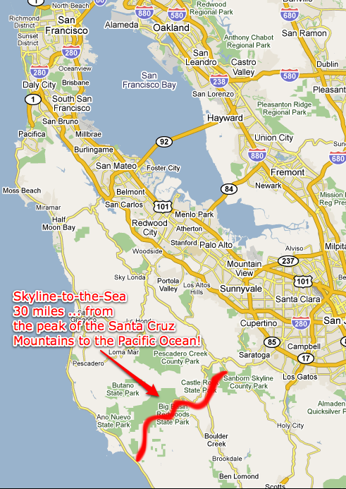 Skyline-to-the-Sea trail in the context of the larger Bay Area.