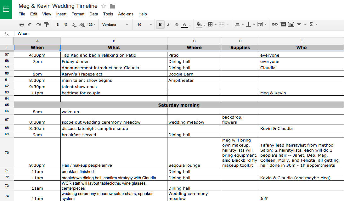 'A spreadsheet showing the who, where, what, and when of the wedding'